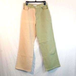 Pretty Garbage Women's Large Color Block Two Toned Jeans Pants NWT Green Tan